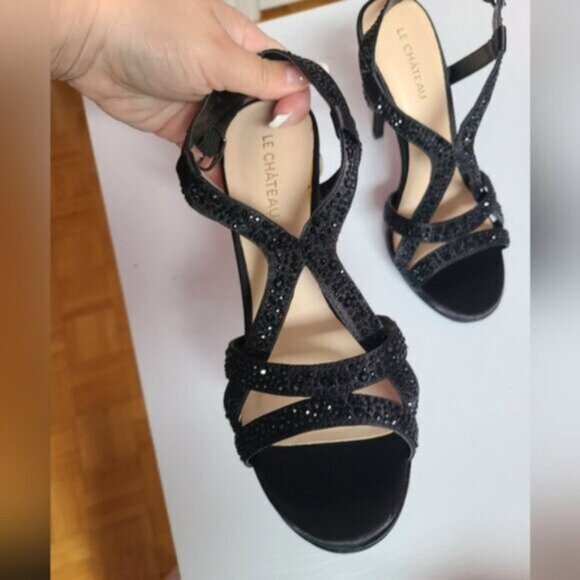 Le Chateau Strappy Black Glitter Sandals Stiletto Heels size 6 - Picture 8 of 11